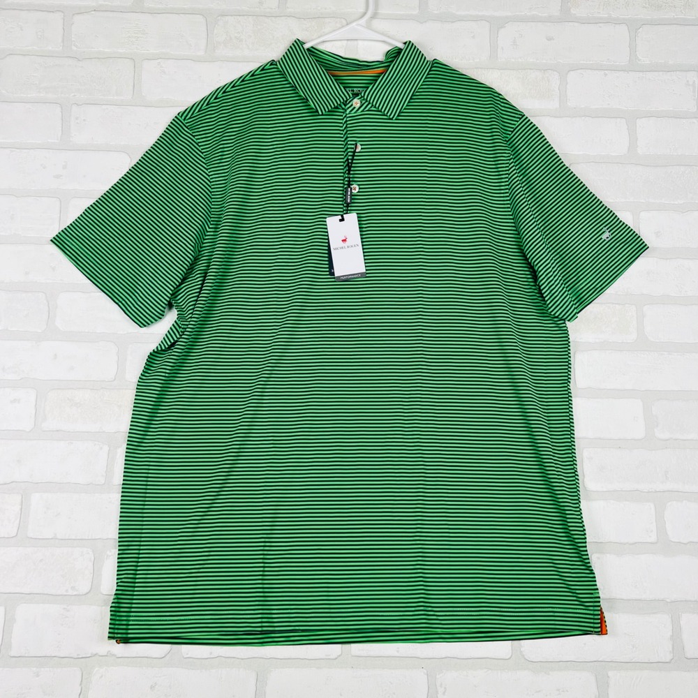 Michel Rouen Performance Polo Shirt Men's XL‎ Green Black Stripe Golf Casual NWT